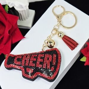 CHEER Megaphone Rhinestone Keychain Bag Charm Red Black Cheerleader Spirit